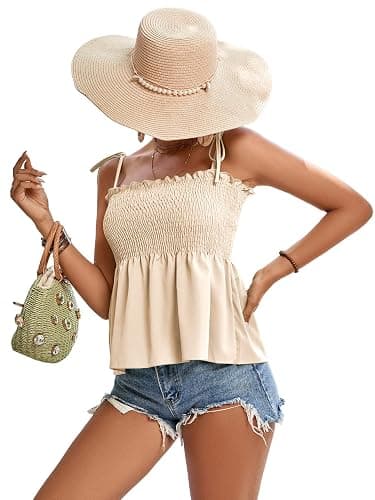 LYANER Women's Tie Shoulder Frill Shirred Ruffle Hem Sleeveless Strappy Cami Blouse Peplum Top thumbnail 4
