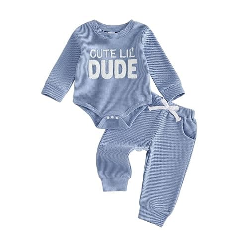 Adobabirl Baby Boy Fall Winter Clothes Cute Lil's Dude Embroidery Long Sleeve Romper Pants Set Newborn Waffle Knit Outfits - Image 1