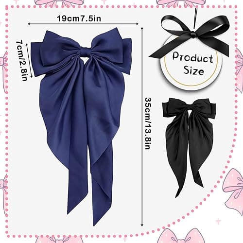 Bow Hair Clip, Hair Bows for Women Big Bowknot Hairpin French Hair Clips with Long Ribbon Solid Color Barrette Clips for Women Girls(Black+navy blue) thumbnail 2