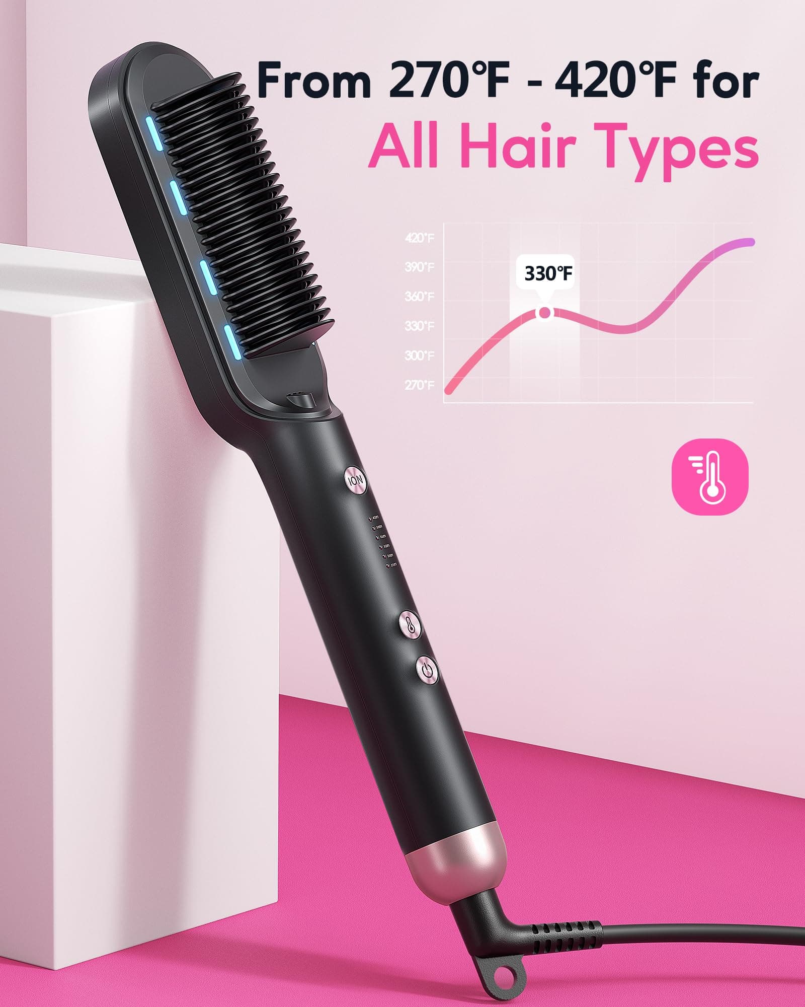 Wavytalk Cepillo alisador de pelo, peine de cerámica anticaldo, calentamiento rápido para salón en casa, doble voltaje, oro rosa thumbnail 5