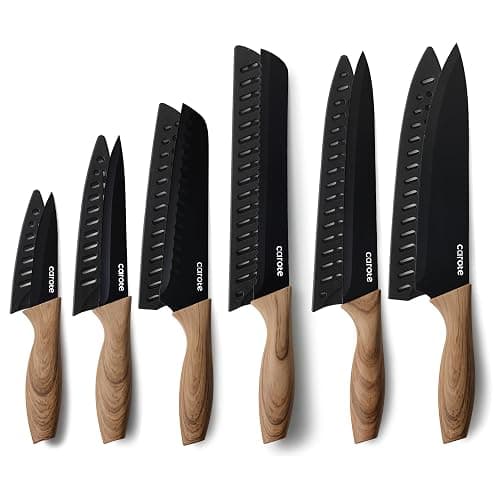 CAROTE 12PCS Knife Set, Stainless Steel Kitchen Knife Set with Nonstick Ceramic Coating, 6 Knives with Blade Guards, Rustproof, Easy-Clean, Black - Image 1