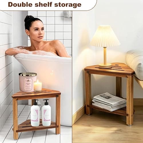 IBosins Corner Shower Stool 14in Small Bench Storage Shelf Natural Finish | Acacia Wood Shower Chair for Inside Shower Foot Rest for Shaving Legs Wooden Seat for Bathroom Living Room Bedroom thumbnail 4