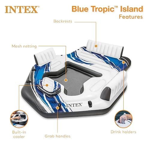 Intex Blue Tropic Inflatable 5 Person Raft or Swimming Pool Island Water Floating Lounger Raft with Backrests, Built in Cooler, and 4 Cupholders thumbnail 4