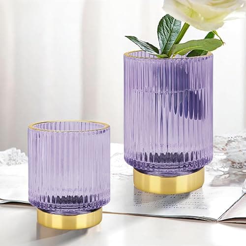 DASITON Makeup Brush holder Organizer,Crystal Cosmetic Makeup Brush Glass Brushes Storage Holder, Vintage Make Up Brush Cup Pen Pencil Holder striped vase(Purple L) thumbnail 2