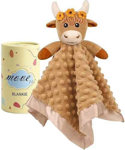 MOVEPAI Baby Security Blanket, Soft Baby Lovey Toy Blanket for Girls, Snuggle Toy Lovie Newborn Blankie, for Girl Highland Cow 16 Inch - Image 1