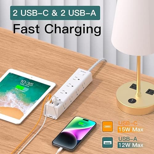 Surge Protector Power Strip - 10 FT Extension Cord, Power Strip with 12 Widely AC Outlet 4 USB, Flat Plug Wall Mount Overload Protection, 1050J, Desk Charging Station for Home Office, ETL Listed,White thumbnail 4