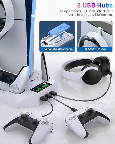 PS5/PS5 Slim/PS5 Pro Stand and Cooling Station with Dual Controller Charging Station for PlayStation 5 Console, PS5 Accessories Incl. Controller Charger, Cooling Fan, Headset Holder, 3 USB Hub, White thumbnail 5
