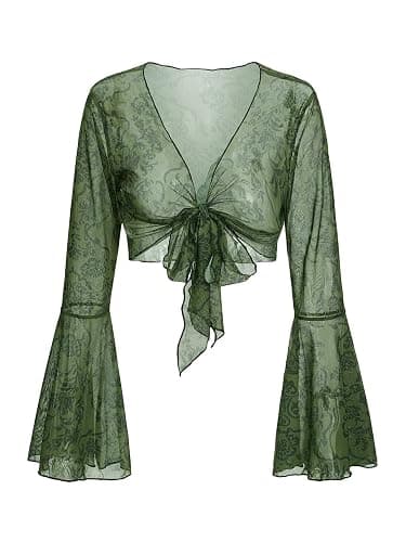 SOLY HUX Womens Fairy Bell Sleeve Top Floral Lace Tie Front Crop Cardigan Y2k - Image 1