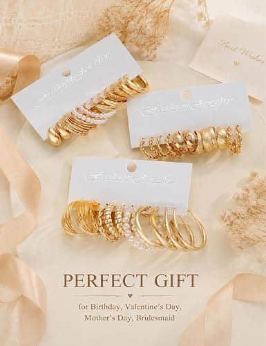 18 Pairs Gold Hoop Earrings for Women, Chunky Statement Hoops Set | Hypoallergenic, Earrings Pack, Open Hoops, Pearl, Twisted, Multiple Sizes, Lightweight for Daily Wear, Ideal Gift thumbnail 6