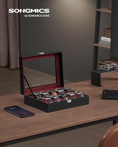 SONGMICS Watch Box, 10-Slot Watch Case Organizer with Large Glass Lid, Removable Pillows, Christmas Gift, Black Synthetic Leather, Wine Red Lining UJWB010R01 thumbnail 7