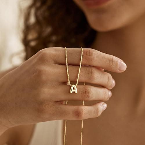M MOOHAM Initial Necklace for Women Girls, Letter A-Z Box Chain Necklace | 14K Gold Plated Bubble Letter, Initial Necklace for Girls Women, Box Chain Necklace, Jewelry Birthday Gifts for Girl Kids thumbnail 5