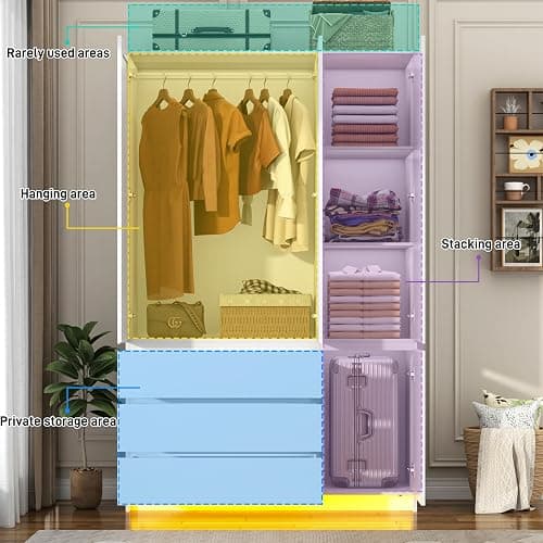 75"H Tall Modern 3 Doors Wooden Armoire Wardrobe Closet with 3 Drawers & 2 Mirror,Clothing Storage Cabinet with Hanging Rod,Bedroom Large Freestanding Armoires with Led Lights for Bedroom,White thumbnail 4