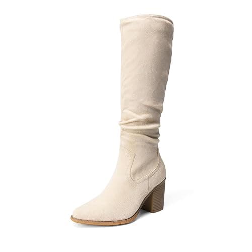 DREAM PAIRS Women's Knee-High Boots, Comfortable Chunky Block Heel Pointed Toe Pull On Side Zipper Suede Slouch Riding Boots - Image 1