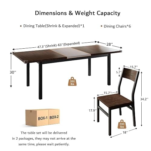 iPormis 7 Pieces Dining Table & Chairs Set for 4-6, 63" Extendable Kitchen Table and 6 Chairs, Dining Room Table with MDF Board & Metal Frame, Perfect for Small Space, Easy Clean, Espresso thumbnail 2