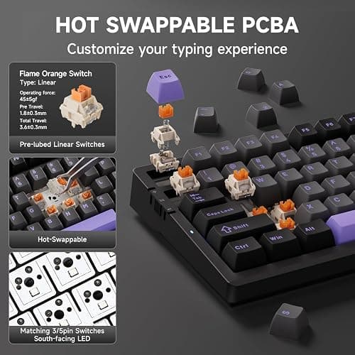 MCHOSE G98 PRO Wireless Mechanical Keyboard, Tri-Mode Connection Gaming Keyboard, Hot Swappable Custom Gasket Structure, Pre-lubed Linear Switches, Double Shot PBT Keycaps RGB LED Backlit Purple&Black thumbnail 4