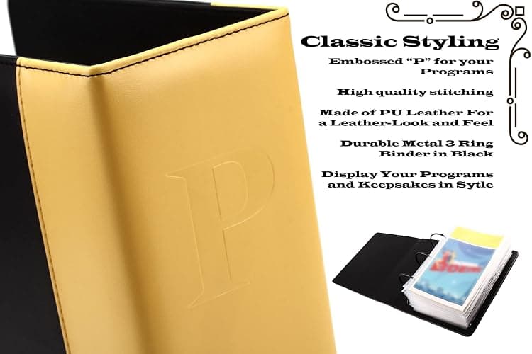 2Fold Binder for Holding Broadway Play Program and Theater Programs with 30 Custom Sheet Protectors - PU Leather - Fits Programs from Mid 1980s to Modern (Yellow/Black EmbossedP) thumbnail 4