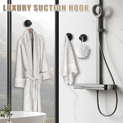 Fenas Suction Cup Hooks for Shower No-Drill Bathroom Hooks for Towels, Robes, Loofah Mountable on Bathroom Walls, Kitchen, Glass, Mirrors, Tile and Smooth,Non-Porous Surfaces (4, Matte Black) thumbnail 2