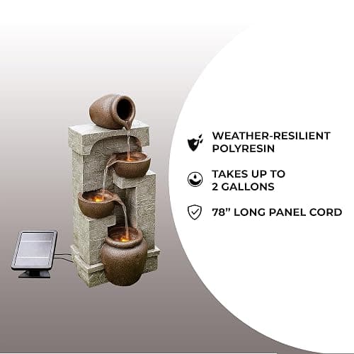 Teamson Home 28 in. Cascading Bowls and Stacked Stones LED Outdoor Water Fountain for Outdoor Living Spaces to Create a Calming Oasis in Gardens and Landscaping, on Patios, Balconies, Lawns, Brown thumbnail 9