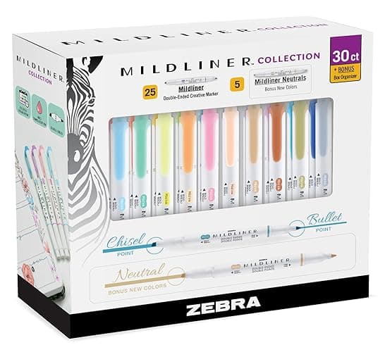 Zebra Pen Mildliner Highlighters, Double Ended Highlighter, Broad and Fine Tips, Pastel and Neutral Colors Midliner Pens, 30 Pack - 30 Count (Pack of 1)