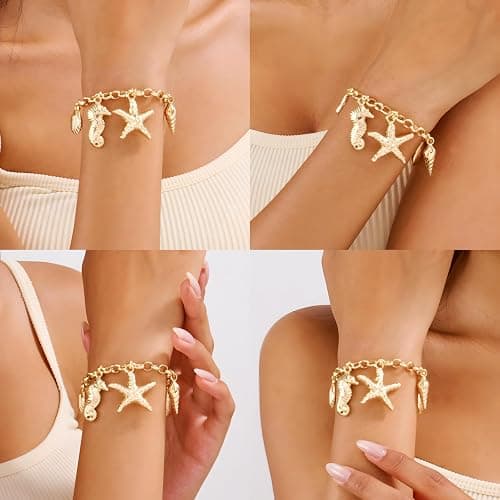YUJIE Gold Ocean Charm Bracelet with Sea Shell, Starfish & Seahorse Pendant- Boho Beach Themed Adjustable 14K Gold Plated Link Chain Bracelets for Women Vacation Hawaiian Summer thumbnail 3