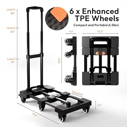 Voipvvii Folding Hand Truck 500lbs, Portable Heavy Duty Dolly Cart, 6 Wheels Collapsible Luggage Cart with 2 Elastic Ropes - Compact Trolley Cart for Easy Moving - Ideal Hand Cart for Travel and More thumbnail 2