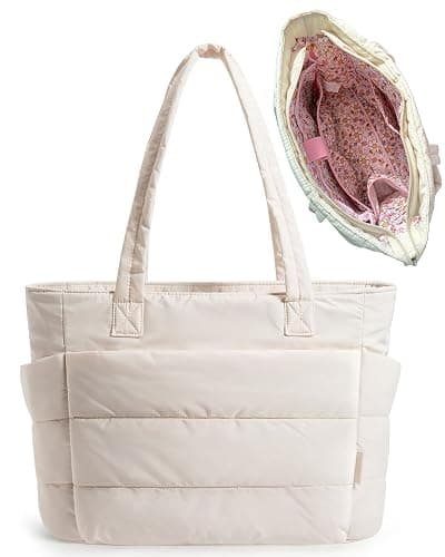 Tote Bag for Women with Cutie Flowers Inside Lightweight Puffy Tote Bag with Compartments - Image 1