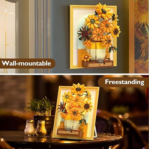 JMBricklayer Flowers Sunflower Building Sets for Adults with Lights 70004, Van Gogh Wall Art Crafts, Plants Painting Frame for Room Home Office Decor, Flower Birthday Gifts Ideas for Women Girls Teens thumbnail 5