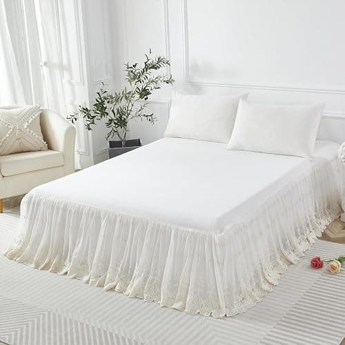 Brandream Luxury Ivory White Lace Bed Skirt Queen Size Split Corners Romantic Vintage Girls Bed Cover Dust Ruffle Bed Skirts 18 Inch Drop thumbnail 4