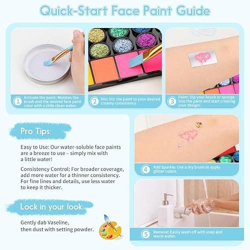 Pintada 42 Color Face Painting Kit for Kids - Non Toxic Water Activated Face Paint Palette With Stencils, Brush, Gems. For Carnival, Halloween, Costume Makeup and Any Creative Activity with Kids thumbnail 6