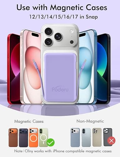 podoru for Magsafe Battery Pack, 10000mAh Magnetic Power Bank Built-in Double USB C Cables 20W PD Fast Charging LED Display Wireless Portable Charger for iPhone 17/16/15/14/13/12 Series-Purple thumbnail 6