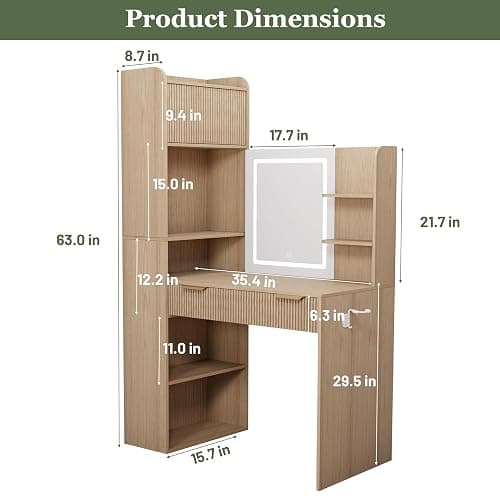 Royal Windsor Makeup Vanity Desk with Mirror and Lights, Corner Vanity Desk, 3 Color Touch Screen Led Mirror, High-Capacity Storage, Girls Vanity Combo，Natural Oak thumbnail 3