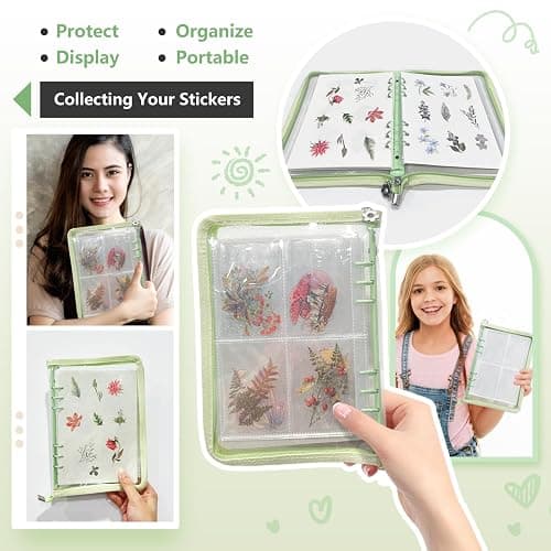 NOCAFI Sticker Storage Organizer Binder A5 Sticker Collecting Book Zipper Album for Adult with Blank Reusable Release Paper and Pocket Pages (Green) thumbnail 6