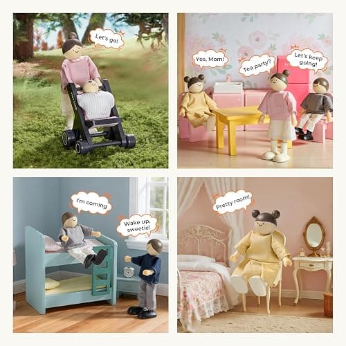 Tiny Land Wooden Dollhouse People Set, 5-Piece Poseable Wooden Doll Family with Dad, Mom, Brother, Sister, Baby and Stroller, Dollhouse Accessories Toy Pretend Play Gift for Kids Ages 3+ thumbnail 5