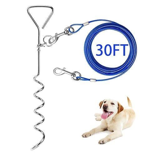 Dog Tie Out Cable and Anti Rust Spiral Stake , 30ft Outside Leash&Chain for Camping and Yard, 16'' Heavy Duty for Medium-Large Dogs Up to 125 lbs (30FT, Blue) - Image 1