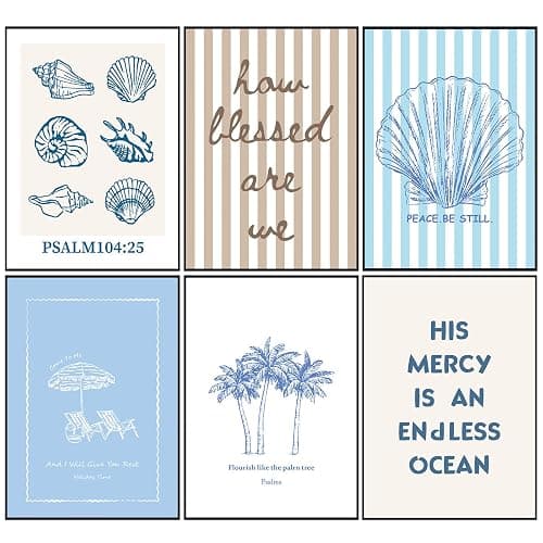 6Pcs Coastal Christian Wall Art Bible Verse Wall decoration pictures Seashell Beach Scripture Canvas poster Prints for Living Room Bedroom Office Unframed Religious Decor (8x10in poster) - Image 1