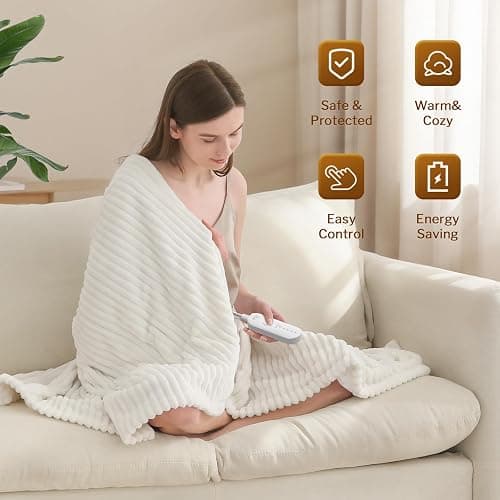 Reaks Heated Throw Blanket, 5 Heat Levels, 3 Hours Auto-Off, 50"x60", White | ETL & FCC Certified, OEKO-TEX Flannel & Sherpa, Machine Washable, Cozy & Soft, for Couch Bed Office Lap thumbnail 2