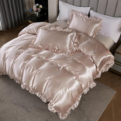 Silk Like Satin Bedding Queen Light Pink Duvet Cover Set Soft Silky Ruffle Comforter Cover Sexy Hotel Silky Bedding Sets 1 Duvet Cover 2 Pillowcases (Queen, Light Pink) thumbnail 4