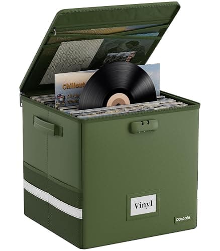 DocSafe Vinyl Record Storage Box with Lock, Fireproof＆Water Resistant Record Organizer for 100+ Single Records(12-inch), Collapsible Storage Crate with Lid&Handles for Valuable Album Collection,Green - Image 1