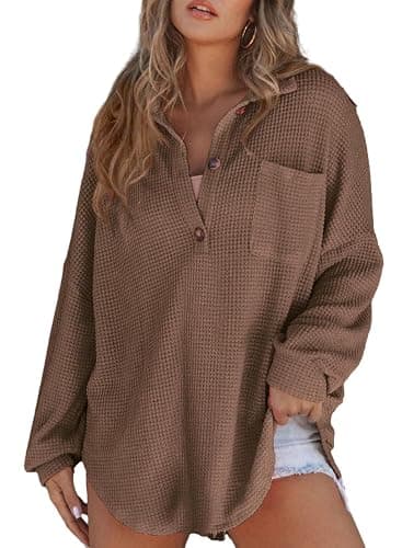 Astylish Women Waffle Knit Tops Henley Shirts Long Sleeve V Neck Solid Color Casual Tunic - Image 1