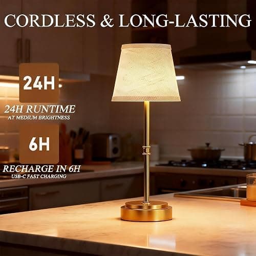 Litluzecozy Cordless Table Lamp - 7500mAh Longest Lasting Battery Operated Lamp, 1 Pack Antique Brass Aesthetic Cozy Rechargeable Desk Lamp for Kitchen Counter, Dining Room & Restaurant Centerpiece thumbnail 3