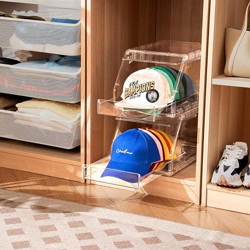 Ozueccr Hat Organizer Box – Stackable Clear Display Box with Sliding Drawer, Holds 15 Baseball Caps, Closet and Shelf Organizer for Hats, Transparent Display with Anti-Slip Feet thumbnail 6
