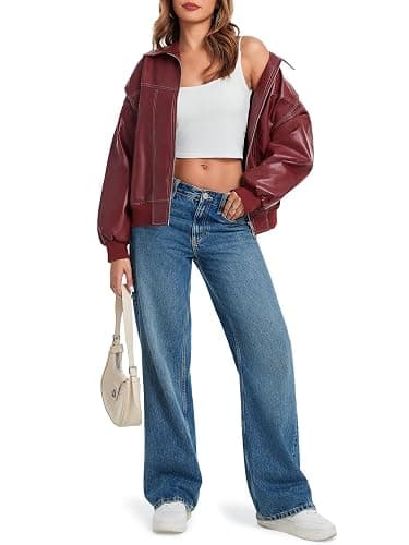 Tankaneo Womens Oversized Leather Bomber Jackets Cap Sleeve Zip Up Motorcycle Coats with Pockets thumbnail 7