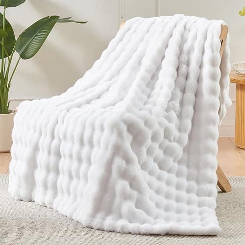 NEWCOSPLAY Faux Fur Twin Blanket White Bubble Blanket Thick Warm Soft for Couch Sofa Bed 550GSM (White, Twin(60"x80")) thumbnail 9