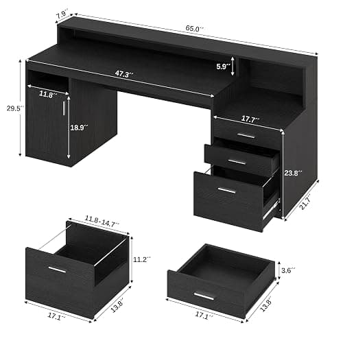 YOMILUVE Computer Desk with 3 Drawer & Storage Shelves, Home Office Desk with File Drawer & Cabinet, Writing Study Table with Long Monitor Stand & Printer Shelf, Executive Desk, Black thumbnail 2