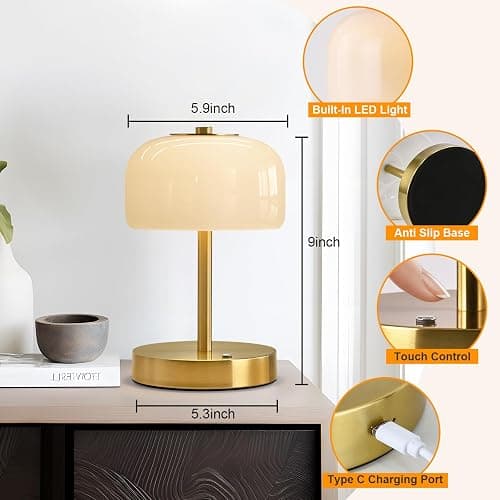 PORTRES Cordless Table Lamp Rechargeable Battery Operated Mushroom lamp Opal Glass Shade 3 Way Dimmable LED Touch Outdoor Lamp for Camping Bedroom Dining Living Room Beside Patio Restaurant,Gold thumbnail 2