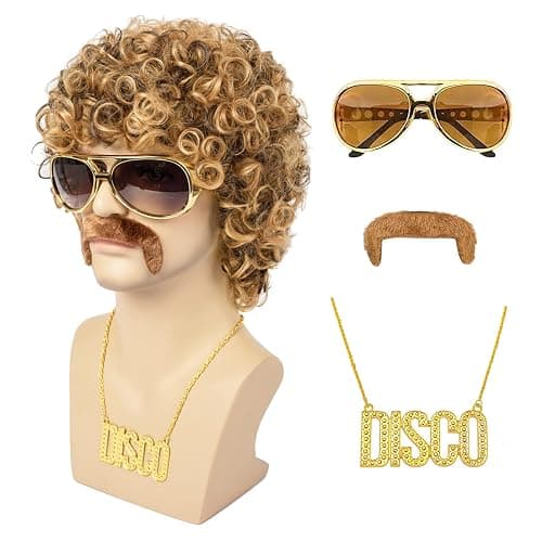TUOFLY Disco Wig 5Pcs Set (Wig+ Glasses+ Necklace+ Mustache+ Wig Cap) 70'S Costumes Wig Afro Wig Men Short Curly Natural Fluffy Synthetic hair Wig for Halloween Disco Party - Image 1