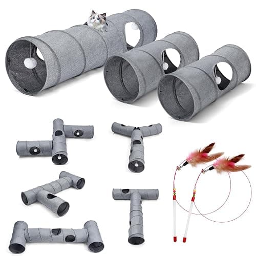 Cat Tunnel, 3 Straight Shaped Tunnels 6 DIY Shapes with Wand Toys, No Noise Scratch Resistant Cool Linen Fabric, Interactive Pet Tunnel Tube for Indoor Cats, Puppy and Rabbits - Image 1