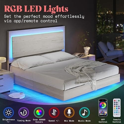AMERLIFE Full Bed Frame, Farmhouse Floating Bed Frame with Recline Headboard, Platform Bed with LED Light, No Box Spring Needed/Noise Free, Distressed White thumbnail 5