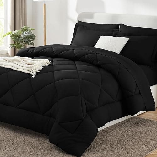 CozyLux Full Size Comforter Sets Black - 7 Pieces Bed in a Bag Full, Luxury Soft Bed Set for All Seasons, Bedding Set with Down Alternative Comforter, Sheets, Pillowcases & Shams - Image 1
