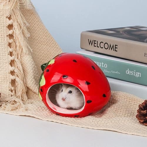 Besimple Hamster Hideout, Small Animal Hideout Ceramic Pet House, Adorable Shape Hamster House Cave Mini Hut Cage Critter Bath House for Chinchilla(Strawberry) thumbnail 4